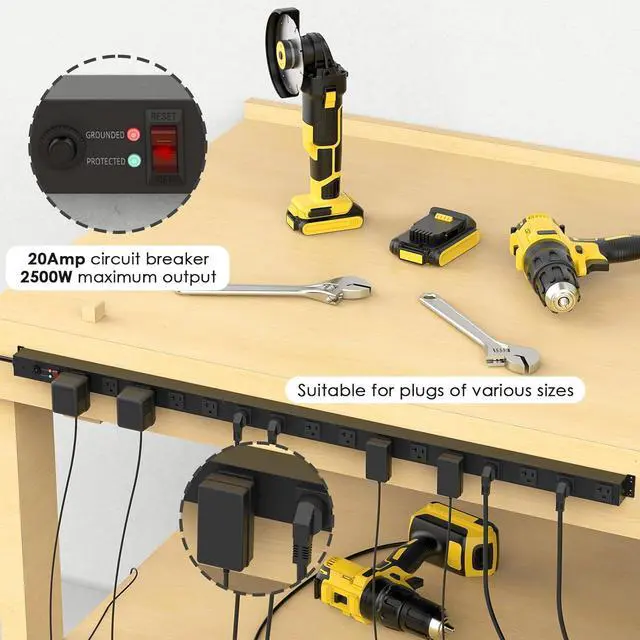 Alt view image 3 of 7 - JUNNUJ Long Metal 16 Outlet Power Strip,Wide Spaced Garage Industrial Heavy Duty Power Strip,Surge Protection 4800J,Wall Mount Screws Outlet with Switch 5-15P High Amp 6-20R T-Slot (Black, 6FT)