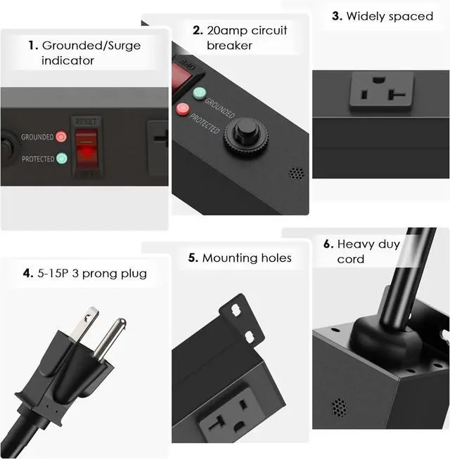 Alt view image 6 of 7 - JUNNUJ Long Metal 16 Outlet Power Strip,Wide Spaced Garage Industrial Heavy Duty Power Strip,Surge Protection 4800J,Wall Mount Screws Outlet with Switch 5-15P High Amp 6-20R T-Slot (Black, 6FT)