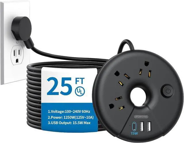 Main image of Extra Long Extension Cord 25 ft, NTONPOWER Flat Plug Power Strip with 3 Outlets 3 USB Ports(1 USB C), Flat Plug Extension Cord, Extension Cord with Multiple Outlets for Lndoor, Home, Office, Dorm