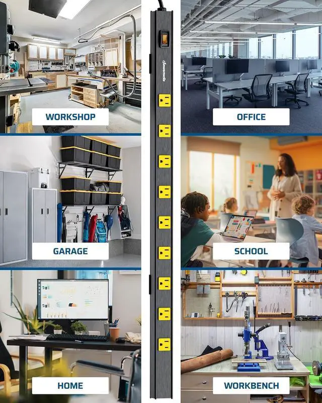 Alt view image 5 of 7 - DEWENWILS 9 Outlet Heavy Duty Power Strip with Circuit Breaker, UL Listed, Wide Spaced Long Power Strip, 6FT Power Cord, Wall Mount Metal Power Bar for Workshop, Enclosed Garage, Office, Workbench