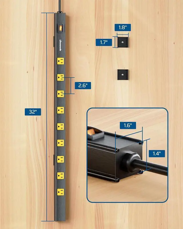 Alt view image 7 of 7 - DEWENWILS 9 Outlet Heavy Duty Power Strip with Circuit Breaker, UL Listed, Wide Spaced Long Power Strip, 6FT Power Cord, Wall Mount Metal Power Bar for Workshop, Enclosed Garage, Office, Workbench