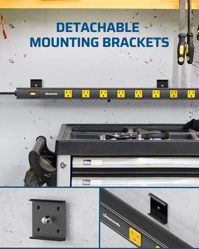 Alt view image 6 of 7 - DEWENWILS 9 Outlet Heavy Duty Power Strip with Circuit Breaker, UL Listed, Wide Spaced Long Power Strip, 6FT Power Cord, Wall Mount Metal Power Bar for Workshop, Enclosed Garage, Office, Workbench