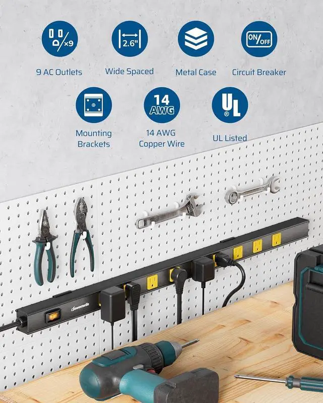 Alt view image 2 of 7 - DEWENWILS 9 Outlet Heavy Duty Power Strip with Circuit Breaker, UL Listed, Wide Spaced Long Power Strip, 6FT Power Cord, Wall Mount Metal Power Bar for Workshop, Enclosed Garage, Office, Workbench