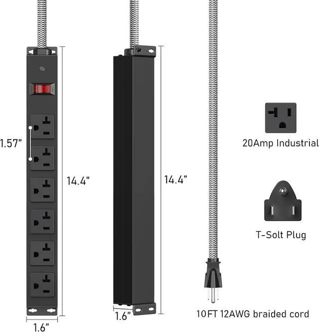 Alt view image 4 of 7 - Heavy Duty Power Strip 20 amp Surge Protector,Wall mountable Power Strip,12 Gauge Extension Cord 5-15P Adapter High Amp 6-20R T-Slot Industrial Outlet,for Garage,Workshop & Industrial