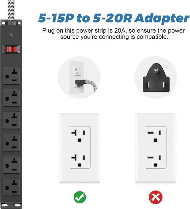 Alt view image 5 of 7 - Heavy Duty Power Strip 20 amp Surge Protector,Wall mountable Power Strip,12 Gauge Extension Cord 5-15P Adapter High Amp 6-20R T-Slot Industrial Outlet,for Garage,Workshop & Industrial