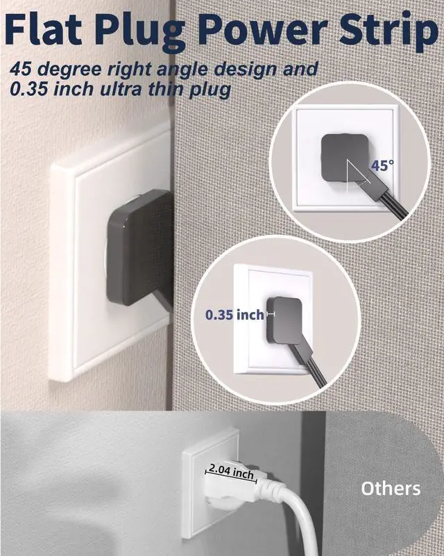 Alt view image 3 of 7 - Flat Plug Power Strip - 16 Outlet Surge Protector with 12 AC - 2 USB-A18W and 2 USB-CPD20W Ports - The Partition with A Vertical Stand - Extension Cord with Multiple Outlets-6 Feet (Black)