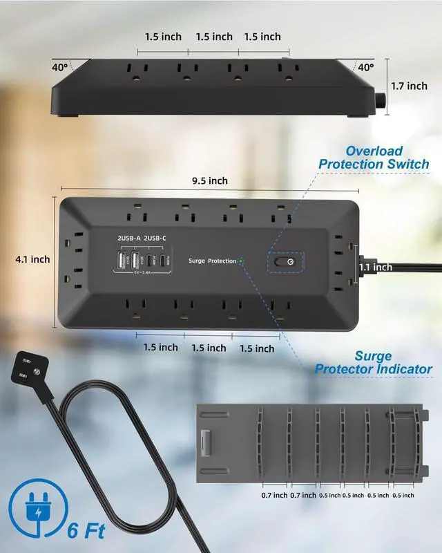 Alt view image 4 of 7 - Flat Plug Power Strip - 16 Outlet Surge Protector with 12 AC - 2 USB-A18W and 2 USB-CPD20W Ports - The Partition with A Vertical Stand - Extension Cord with Multiple Outlets-6 Feet (Black)