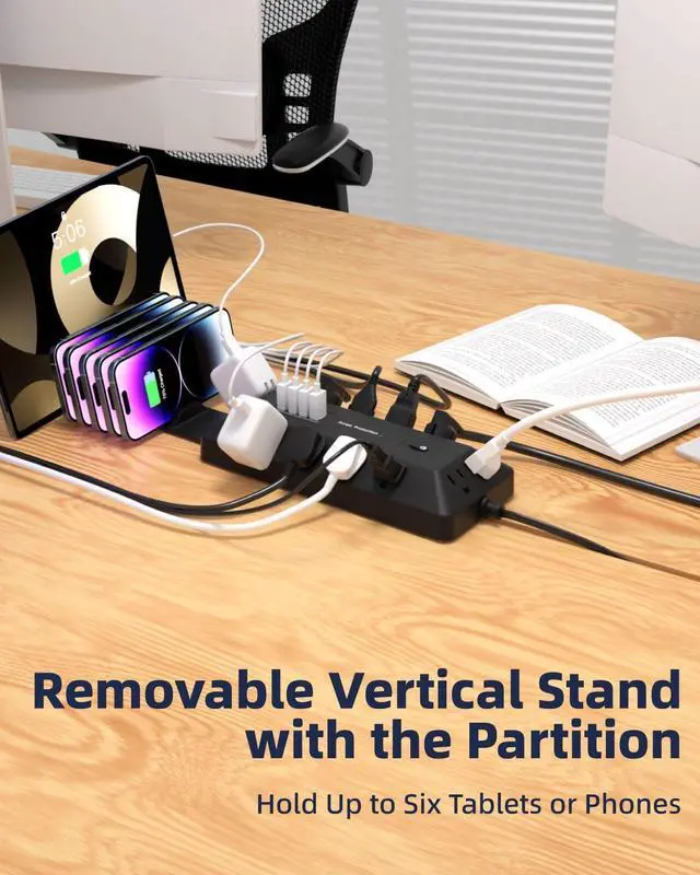 Alt view image 6 of 7 - Flat Plug Power Strip - 16 Outlet Surge Protector with 12 AC - 2 USB-A18W and 2 USB-CPD20W Ports - The Partition with A Vertical Stand - Extension Cord with Multiple Outlets-6 Feet (Black)