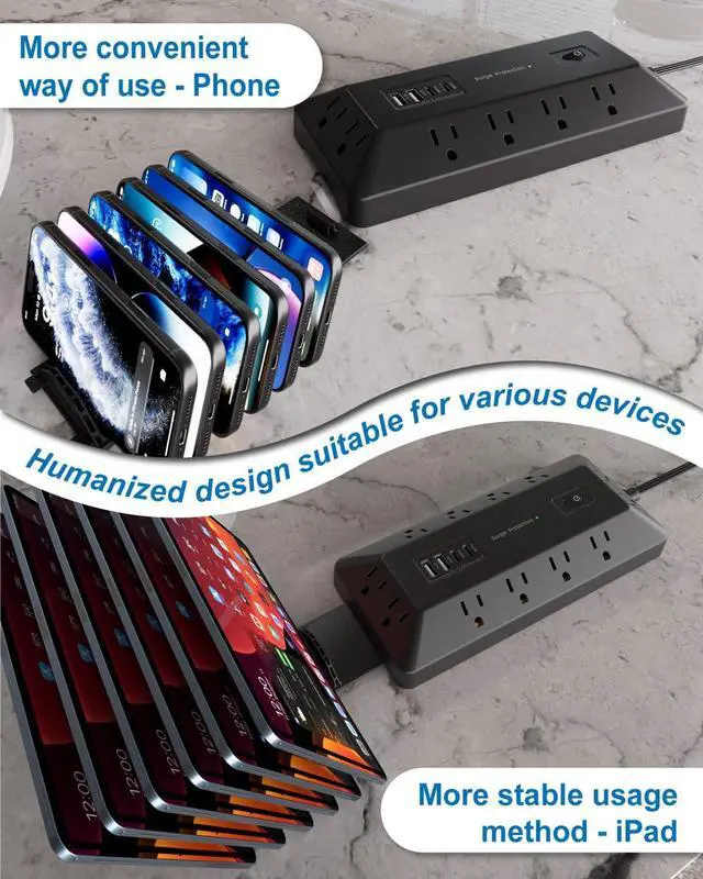 Alt view image 5 of 7 - Flat Plug Power Strip - 16 Outlet Surge Protector with 12 AC - 2 USB-A18W and 2 USB-CPD20W Ports - The Partition with A Vertical Stand - Extension Cord with Multiple Outlets-6 Feet (Black)