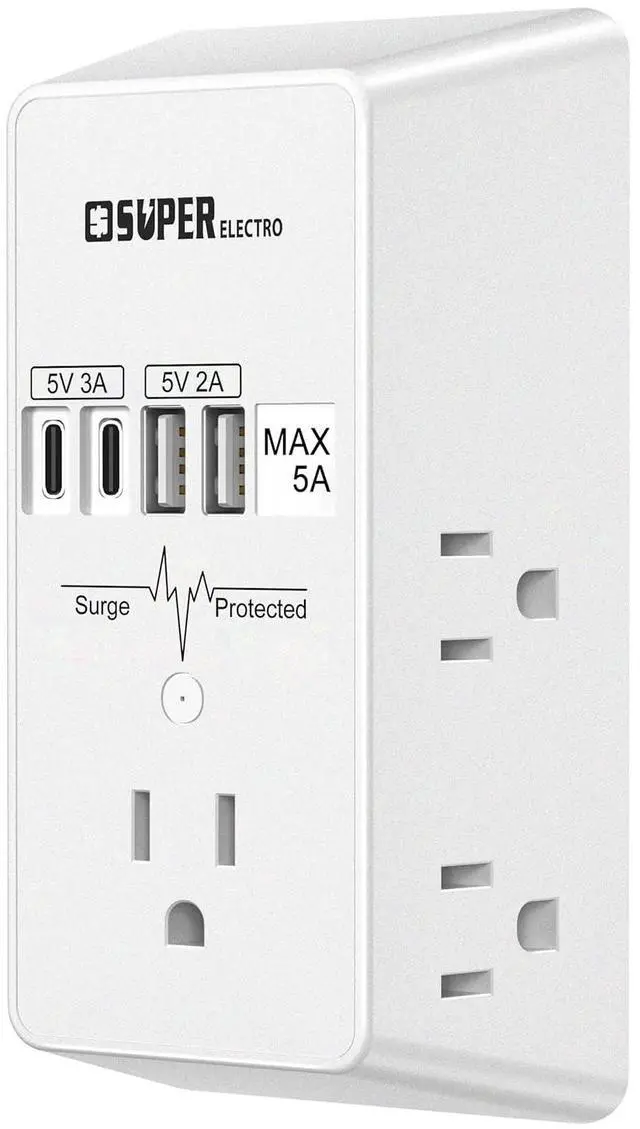 Main image of Outlet Extender, USB Wall Charger Surge Protector,5 Outlet Extender with 4 USB Charging Ports (5V 5A),3-Sided 1200J Power Strip Multi Plug Adapter for Home Travel,ETL Listed