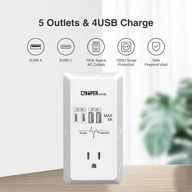 Alt view image 2 of 7 - Outlet Extender, USB Wall Charger Surge Protector,5 Outlet Extender with 4 USB Charging Ports (5V 5A),3-Sided 1200J Power Strip Multi Plug Adapter for Home Travel,ETL Listed