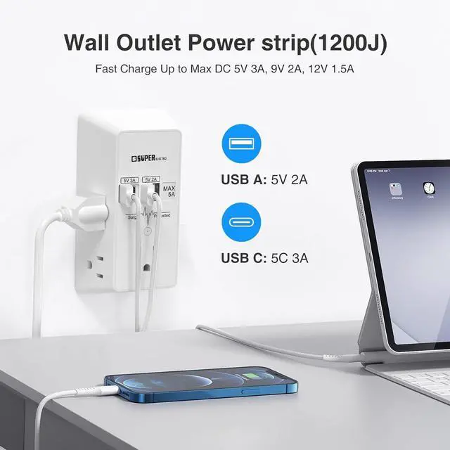 Alt view image 3 of 7 - Outlet Extender, USB Wall Charger Surge Protector,5 Outlet Extender with 4 USB Charging Ports (5V 5A),3-Sided 1200J Power Strip Multi Plug Adapter for Home Travel,ETL Listed