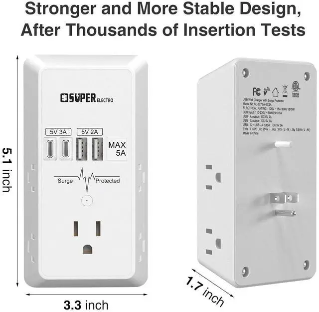 Alt view image 5 of 7 - Outlet Extender, USB Wall Charger Surge Protector,5 Outlet Extender with 4 USB Charging Ports (5V 5A),3-Sided 1200J Power Strip Multi Plug Adapter for Home Travel,ETL Listed