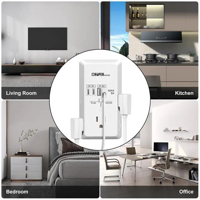 Alt view image 6 of 7 - Outlet Extender, USB Wall Charger Surge Protector,5 Outlet Extender with 4 USB Charging Ports (5V 5A),3-Sided 1200J Power Strip Multi Plug Adapter for Home Travel,ETL Listed