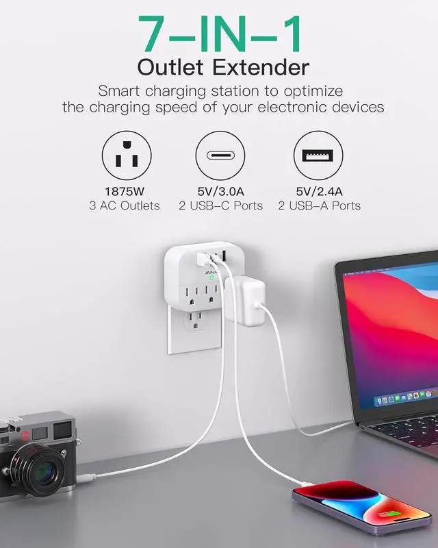 Alt view image 4 of 7 - Cruise Ship Essentials, Cruise Power Strip with Foldable Plug, Travel Essentials with USB C, Outlet Extender No Surge Protector, Multi Plug Wall Outlet with 3 Outlets,Outlet Adapter Japan Plug Adapter