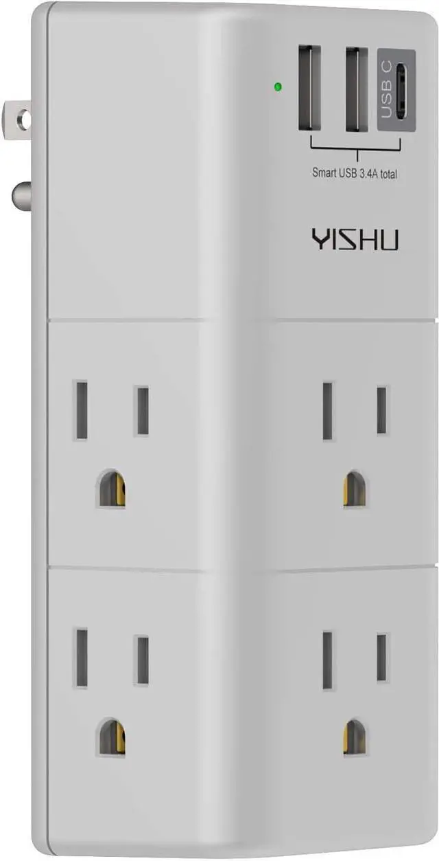Main image of Multi Plug Outlet Surge Protector - YISHU Outlet Extender with Rotating Plug, 6 AC Outlets and 3 USB Ports, 3-Sided Swivel Power Strip Ideal Stocking Stuffers, Gray