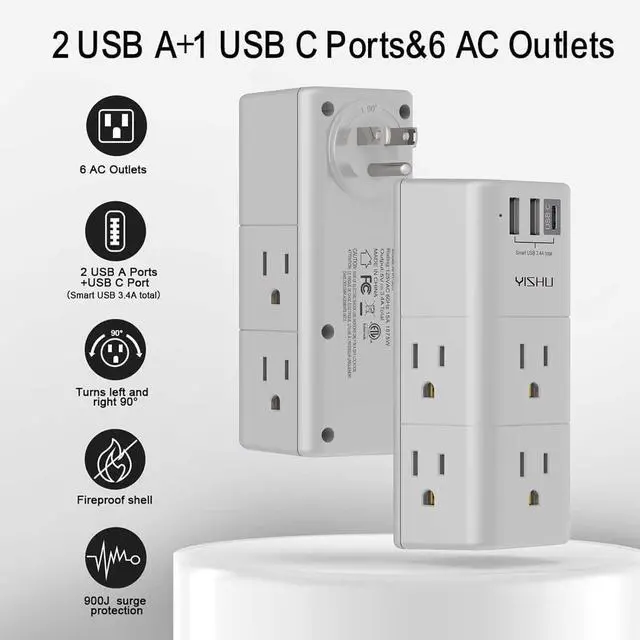 Alt view image 2 of 7 - Multi Plug Outlet Surge Protector - YISHU Outlet Extender with Rotating Plug, 6 AC Outlets and 3 USB Ports, 3-Sided Swivel Power Strip Ideal Stocking Stuffers, Gray
