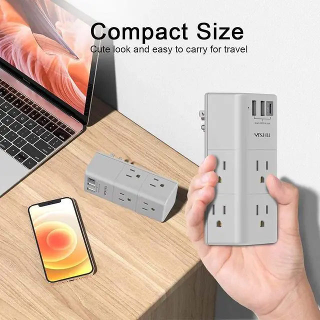 Alt view image 3 of 7 - Multi Plug Outlet Surge Protector - YISHU Outlet Extender with Rotating Plug, 6 AC Outlets and 3 USB Ports, 3-Sided Swivel Power Strip Ideal Stocking Stuffers, Gray