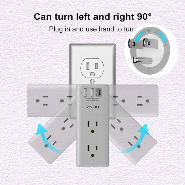 Alt view image 5 of 7 - Multi Plug Outlet Surge Protector - YISHU Outlet Extender with Rotating Plug, 6 AC Outlets and 3 USB Ports, 3-Sided Swivel Power Strip Ideal Stocking Stuffers, Gray