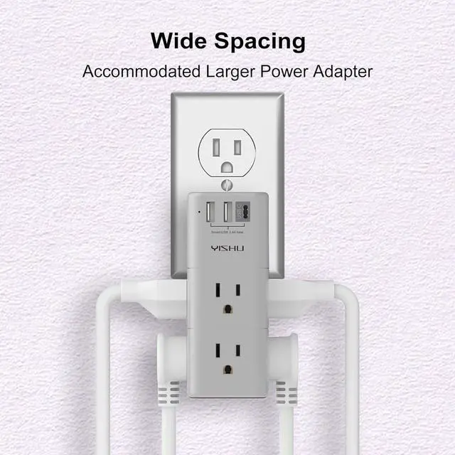 Alt view image 6 of 7 - Multi Plug Outlet Surge Protector - YISHU Outlet Extender with Rotating Plug, 6 AC Outlets and 3 USB Ports, 3-Sided Swivel Power Strip Ideal Stocking Stuffers, Gray