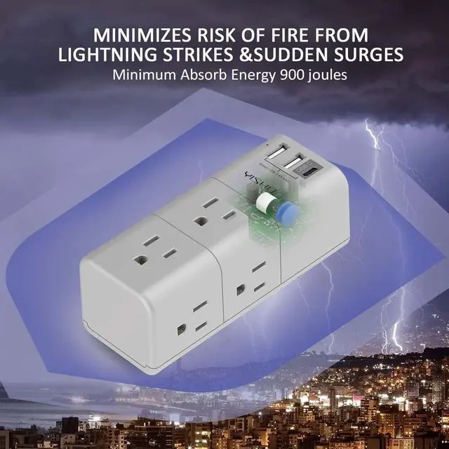 Alt view image 4 of 7 - Multi Plug Outlet Surge Protector - YISHU Outlet Extender with Rotating Plug, 6 AC Outlets and 3 USB Ports, 3-Sided Swivel Power Strip Ideal Stocking Stuffers, Gray