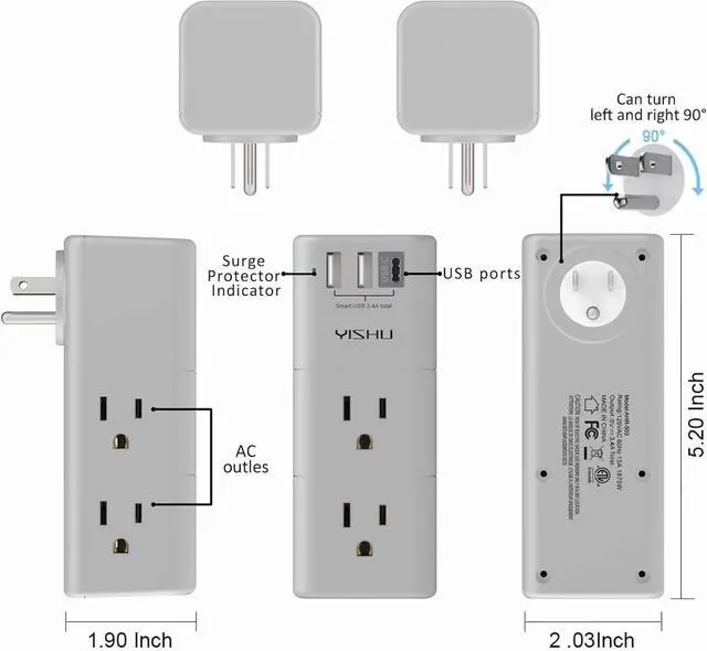 Alt view image 7 of 7 - Multi Plug Outlet Surge Protector - YISHU Outlet Extender with Rotating Plug, 6 AC Outlets and 3 USB Ports, 3-Sided Swivel Power Strip Ideal Stocking Stuffers, Gray