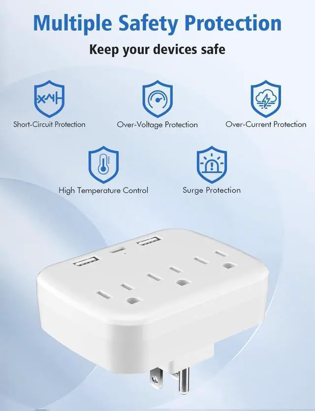 Alt view image 3 of 7 - 3 Outlet Extender Multi Plug Wall Outlets, Surge Protector, Wall Plug Splitter with 3 AC Outlets & 3 USB Ports (2 USB-A + 1 USB-C), Plug Adapter for Home/Office/Hotel/Travel, White(2 Pack)