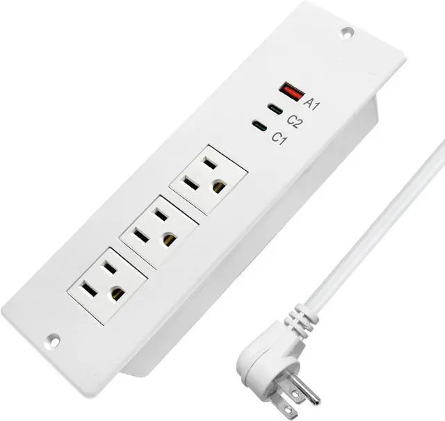 Main image of 45W Recessed Power Strip USB C, Flush Mount Desk Extender 3 AC Outlets 2 PD USB-C&1 Fast Charge USB-A Ports,Flat Plug Extension Cord for Drawer Cabinet Countertop Table Conference White