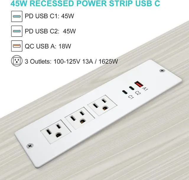 Alt view image 2 of 7 - 45W Recessed Power Strip USB C, Flush Mount Desk Extender 3 AC Outlets 2 PD USB-C&1 Fast Charge USB-A Ports,Flat Plug Extension Cord for Drawer Cabinet Countertop Table Conference White