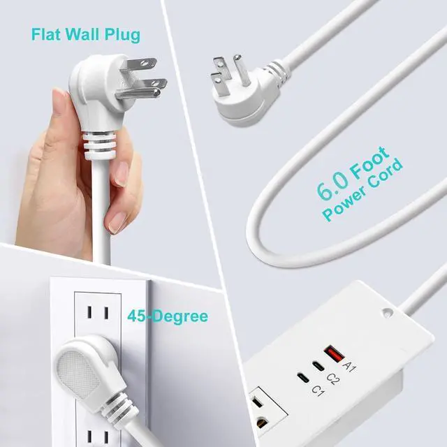Alt view image 4 of 7 - 45W Recessed Power Strip USB C, Flush Mount Desk Extender 3 AC Outlets 2 PD USB-C&1 Fast Charge USB-A Ports,Flat Plug Extension Cord for Drawer Cabinet Countertop Table Conference White