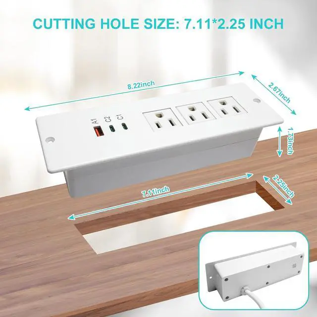 Alt view image 5 of 7 - 45W Recessed Power Strip USB C, Flush Mount Desk Extender 3 AC Outlets 2 PD USB-C&1 Fast Charge USB-A Ports,Flat Plug Extension Cord for Drawer Cabinet Countertop Table Conference White