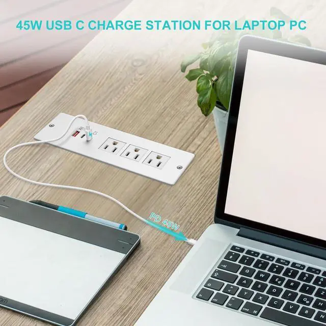Alt view image 3 of 7 - 45W Recessed Power Strip USB C, Flush Mount Desk Extender 3 AC Outlets 2 PD USB-C&1 Fast Charge USB-A Ports,Flat Plug Extension Cord for Drawer Cabinet Countertop Table Conference White