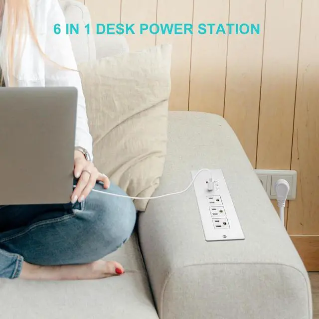 Alt view image 7 of 7 - 45W Recessed Power Strip USB C, Flush Mount Desk Extender 3 AC Outlets 2 PD USB-C&1 Fast Charge USB-A Ports,Flat Plug Extension Cord for Drawer Cabinet Countertop Table Conference White