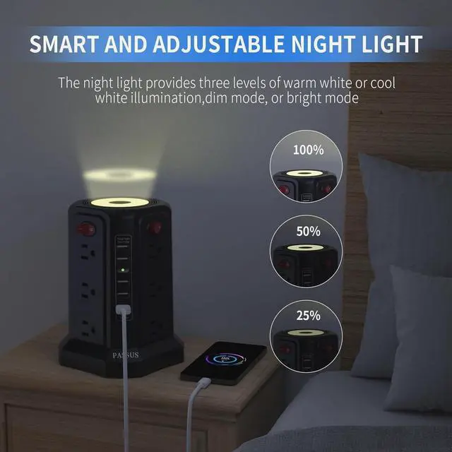 Alt view image 3 of 7 - PASSUS Surge Protector Power Strip with 5 USB Ports and Night Light,10FT Braided Extension Cord with 12 AC Multiple Outlets, Power Tower Overload Protection for Home Office Dorm Room Essentials