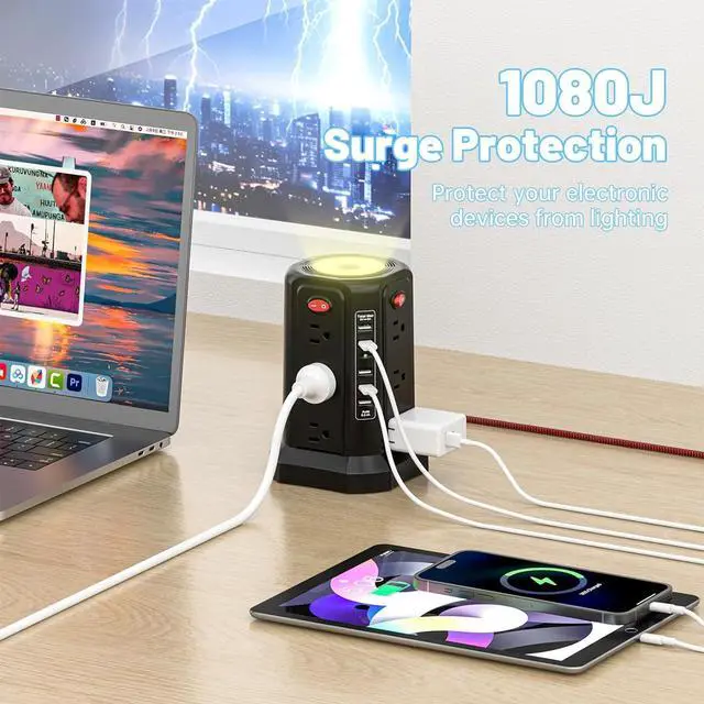 Alt view image 5 of 7 - PASSUS Surge Protector Power Strip with 5 USB Ports and Night Light,10FT Braided Extension Cord with 12 AC Multiple Outlets, Power Tower Overload Protection for Home Office Dorm Room Essentials