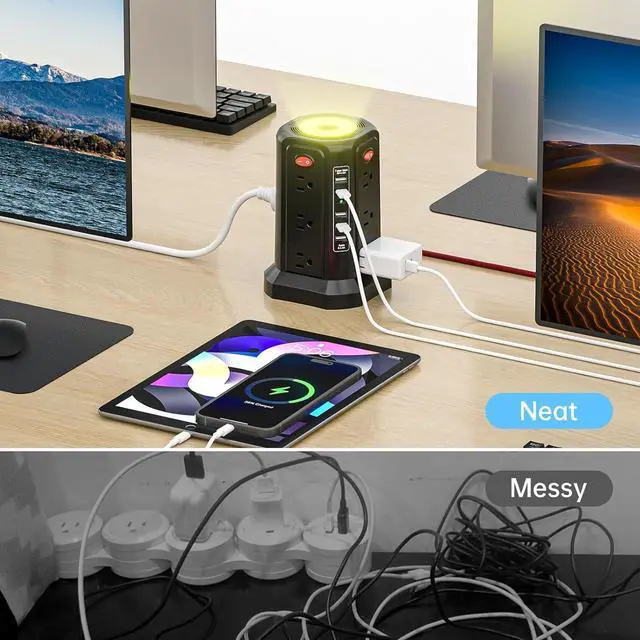 Alt view image 7 of 7 - PASSUS Surge Protector Power Strip with 5 USB Ports and Night Light,10FT Braided Extension Cord with 12 AC Multiple Outlets, Power Tower Overload Protection for Home Office Dorm Room Essentials