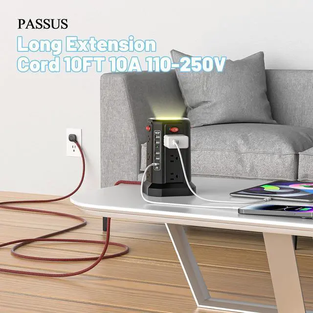 Alt view image 6 of 7 - PASSUS Surge Protector Power Strip with 5 USB Ports and Night Light,10FT Braided Extension Cord with 12 AC Multiple Outlets, Power Tower Overload Protection for Home Office Dorm Room Essentials