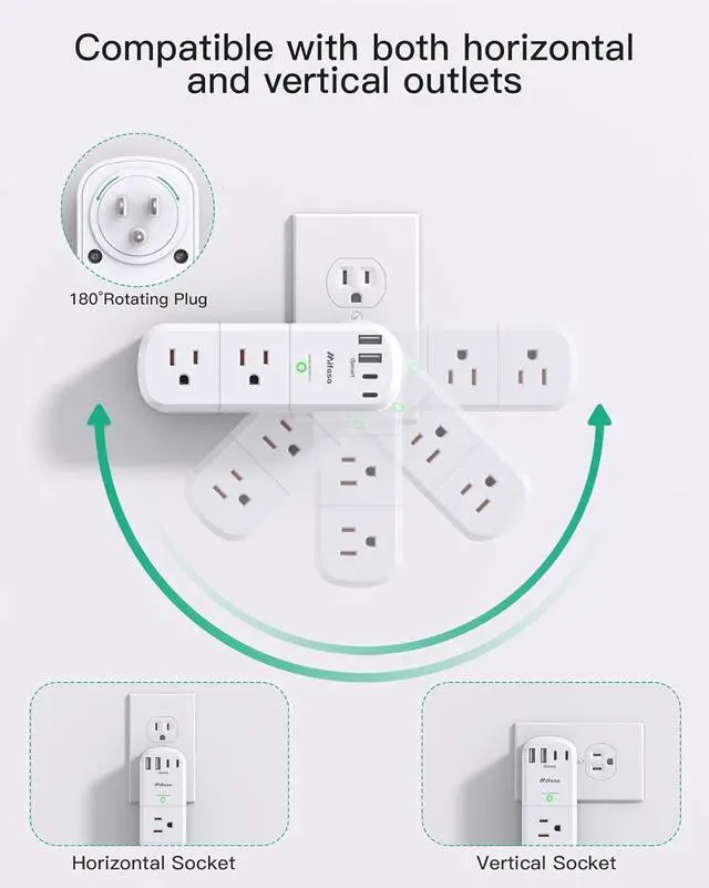Alt view image 2 of 7 - Surge Protector Outlet Extender with Rotating Plug, 6 AC Multi Plug Wall Outlets and 4 USB Ports, 1800 Joules, Swivel Power Strip Electrical Splitter for Home Decor Apartment Dorm Room Essentials