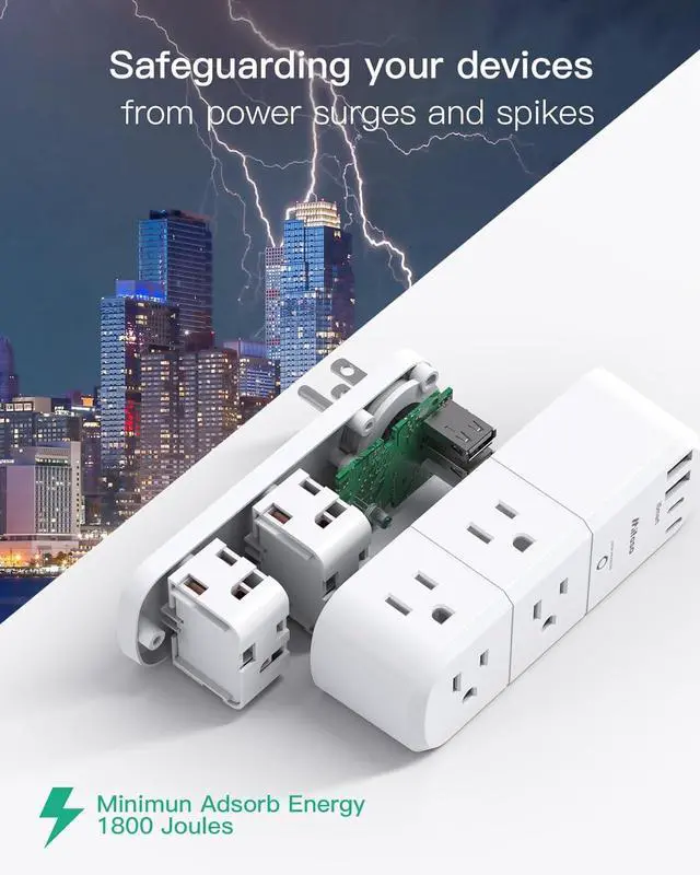 Alt view image 5 of 7 - Surge Protector Outlet Extender with Rotating Plug, 6 AC Multi Plug Wall Outlets and 4 USB Ports, 1800 Joules, Swivel Power Strip Electrical Splitter for Home Decor Apartment Dorm Room Essentials