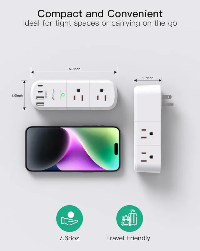 Alt view image 6 of 7 - Surge Protector Outlet Extender with Rotating Plug, 6 AC Multi Plug Wall Outlets and 4 USB Ports, 1800 Joules, Swivel Power Strip Electrical Splitter for Home Decor Apartment Dorm Room Essentials