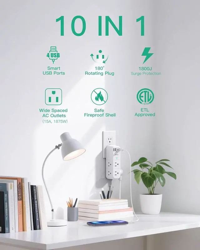 Alt view image 7 of 7 - Surge Protector Outlet Extender with Rotating Plug, 6 AC Multi Plug Wall Outlets and 4 USB Ports, 1800 Joules, Swivel Power Strip Electrical Splitter for Home Decor Apartment Dorm Room Essentials
