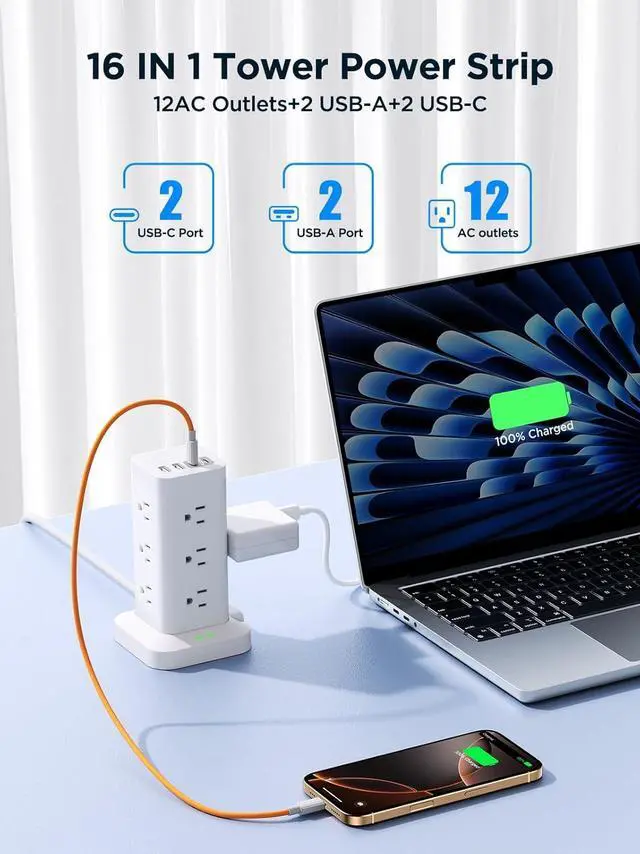 Alt view image 3 of 7 - Surge Protector Power Strip, 6FT Flat Plug Extension Cord with 12 AC Outlets, 4 USB Charger(2 USB C Port), 1200 Joules Overload Protection, Desk Charging Station for Home Office, Dorm Room Essentials