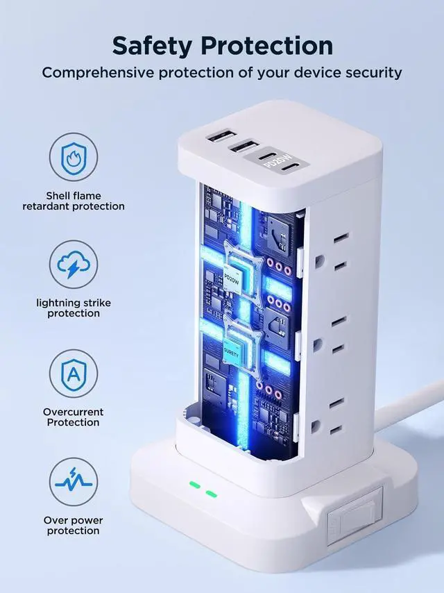 Alt view image 5 of 7 - Surge Protector Power Strip, 6FT Flat Plug Extension Cord with 12 AC Outlets, 4 USB Charger(2 USB C Port), 1200 Joules Overload Protection, Desk Charging Station for Home Office, Dorm Room Essentials