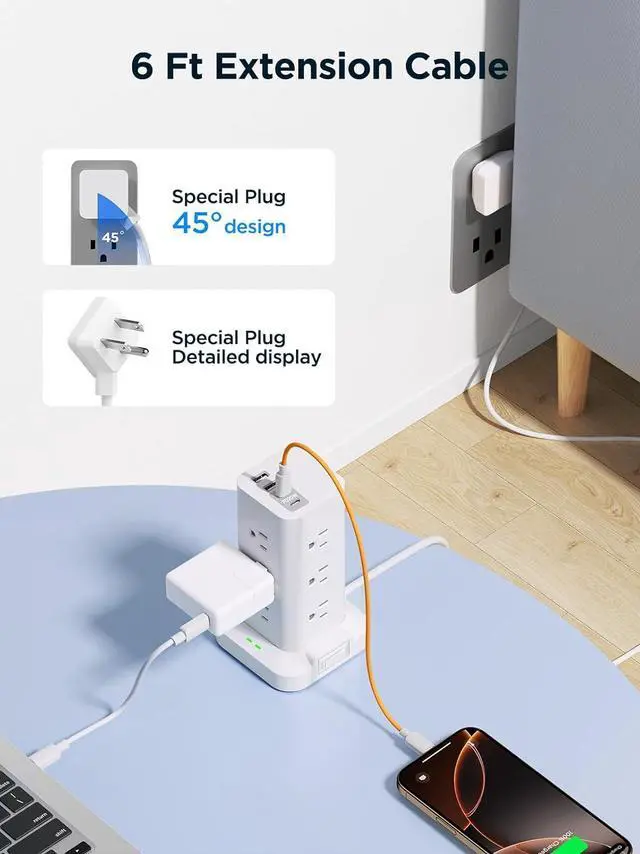 Alt view image 6 of 7 - Surge Protector Power Strip, 6FT Flat Plug Extension Cord with 12 AC Outlets, 4 USB Charger(2 USB C Port), 1200 Joules Overload Protection, Desk Charging Station for Home Office, Dorm Room Essentials