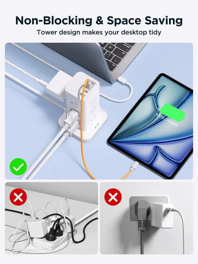 Alt view image 2 of 7 - Surge Protector Power Strip, 6FT Flat Plug Extension Cord with 12 AC Outlets, 4 USB Charger(2 USB C Port), 1200 Joules Overload Protection, Desk Charging Station for Home Office, Dorm Room Essentials