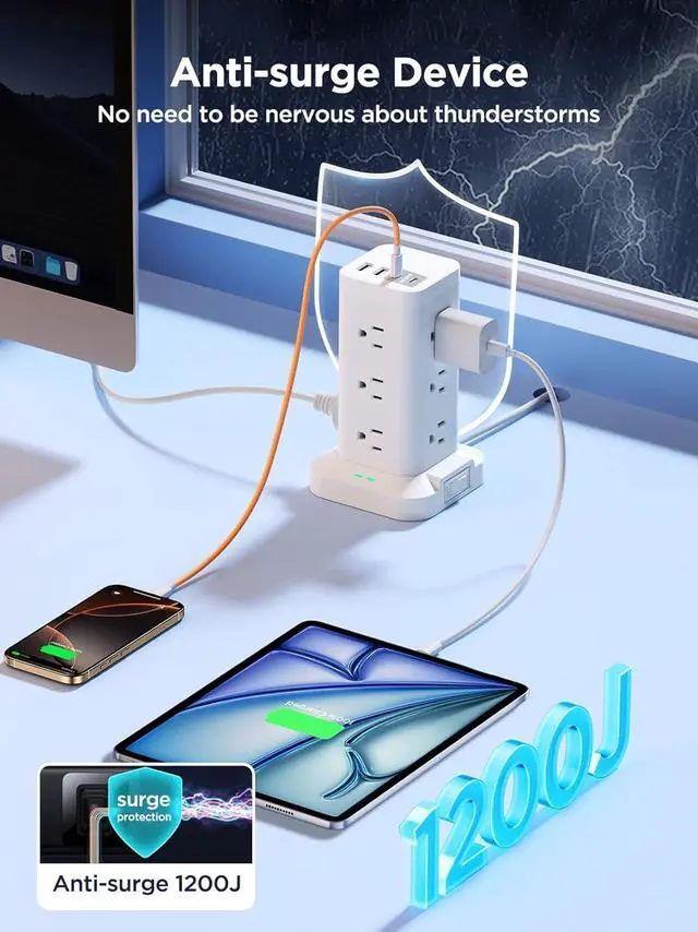 Alt view image 4 of 7 - Surge Protector Power Strip, 6FT Flat Plug Extension Cord with 12 AC Outlets, 4 USB Charger(2 USB C Port), 1200 Joules Overload Protection, Desk Charging Station for Home Office, Dorm Room Essentials