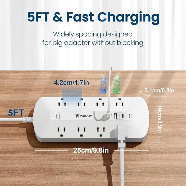 Alt view image 7 of 7 - Flat Plug PD20W USB C Power Strip, 12-in-1 Power Strip Surge Protection with 8 AC, 2 USB A & 2 USB C, 5ft Extension Cord, Wall Mount, Desk USB Charging Station, Home Office Essentials