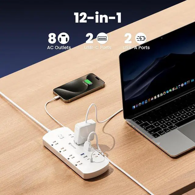 Alt view image 2 of 7 - Flat Plug PD20W USB C Power Strip, 12-in-1 Power Strip Surge Protection with 8 AC, 2 USB A & 2 USB C, 5ft Extension Cord, Wall Mount, Desk USB Charging Station, Home Office Essentials