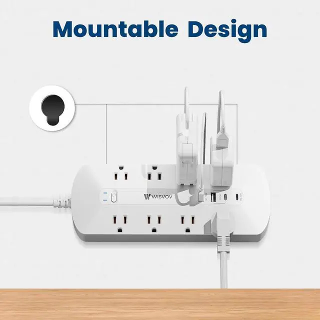 Alt view image 3 of 7 - Flat Plug PD20W USB C Power Strip, 12-in-1 Power Strip Surge Protection with 8 AC, 2 USB A & 2 USB C, 5ft Extension Cord, Wall Mount, Desk USB Charging Station, Home Office Essentials