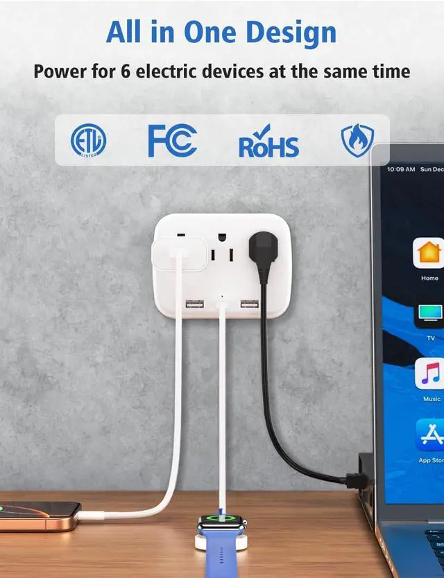 Alt view image 4 of 7 - 3 Outlet Extender Multi Plug Wall Outlets, Surge Protector, Wall Plug Splitter with 3 AC Outlets & 3 USB Ports (2 USB-A + 1 USB-C), Plug Adapter for Home/Office/Hotel/Travel, White(2 Pack)